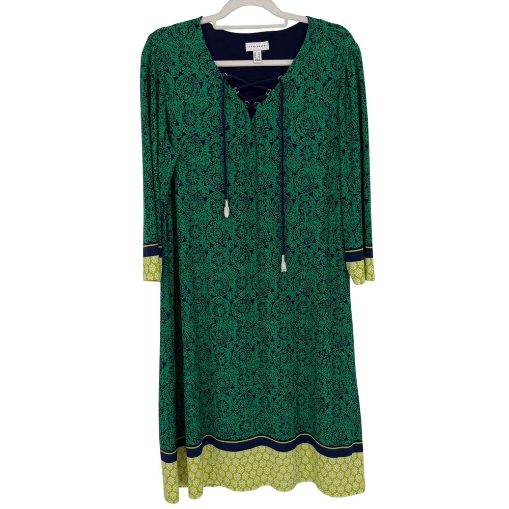 Susan Graver Liquid Knit Green Navy Print Dress L V Neck 3/4 Sleeve Stretch NWOT